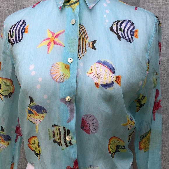 Leggiadro light blue with fishes button down blouse tie at waist - Picture 4 of 14